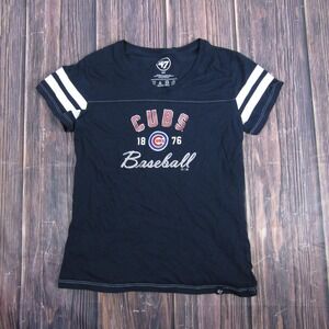 Chicago Cubs Shirt Womens Small Navy MLB Baseball Graphic Tee Stripe Sleeves